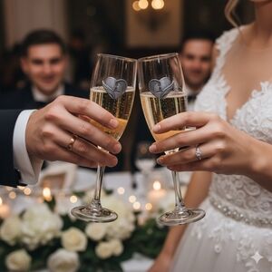 Avon Wedding Anniversary Flute Glasses Set of Two Pewter Hearts